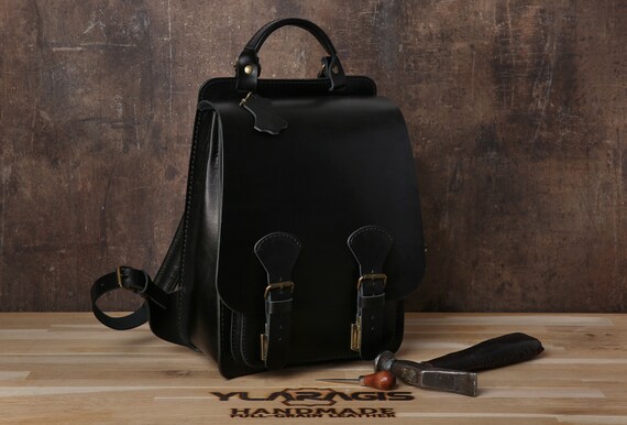 etsy black leather backpack