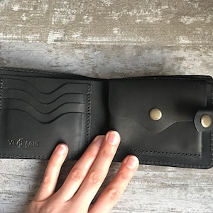 Small bifold leather wallet | Black minimalist wallet | Engraved wallet | Leather snap wallet for men | Christmas gift | Birthday gift men
