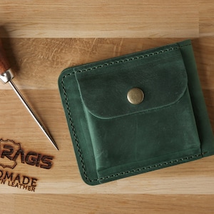 Portafoglio piccolo minimalista in pelle verde, piccolo porta carte da viaggio e porta contanti, portafoglio fatto a mano in pelle verde, portafoglio sottile con copertina per libretto degli assegni