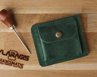 Grünes Leder Portemonnaie | Kleine Geldbörse | Doppelseitiger Geldbeutel Minimalistische Geldbörse | Geldbörse mit Gravur | Weihnachtsgeschenk | Geburtstagsgeschenk