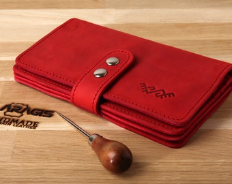 Stylish Engraved Red Leather Wallet Organizer