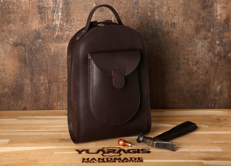 Handmade backpack Original design backpack Leather backpack Unisex A4 size Adjustable padded straps Thick leather Brown leather
