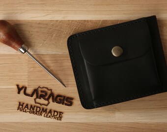 Cartera delgada de cuero negro / Cartera de bolsillo minimalista / Cartera para tarjetas y monedas / Cartera de viaje pequeña / Regalo de Navidad / Regalo de cumpleaños para hombres