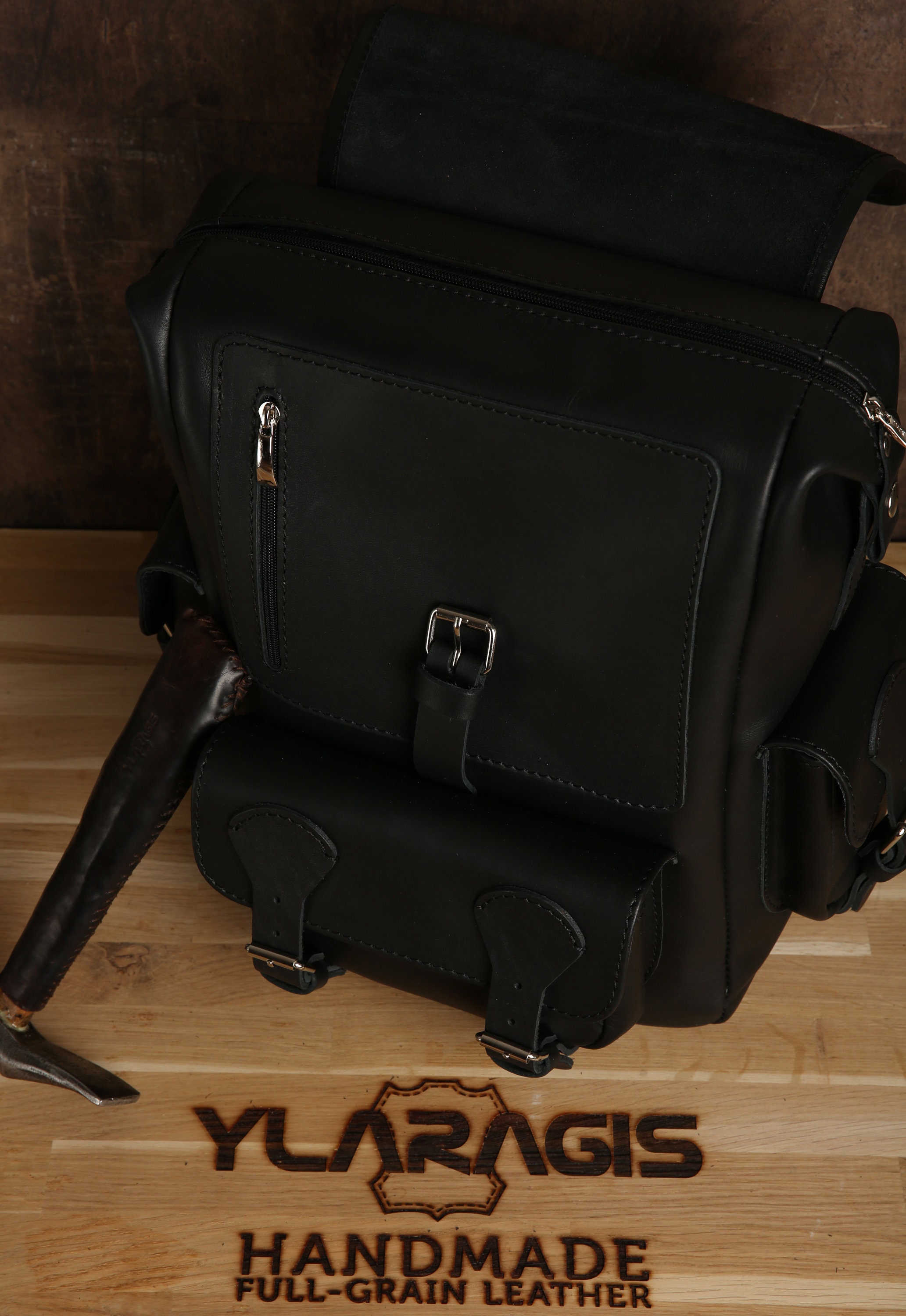 Black Leather backpack, handcrafted. Soft leather sturdy adjustable strap. Backpack Charlotte Of Soft Pebble Leather - Black | olpr main image 4