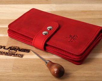 Large red leather wallet | Women's phone wallet | Large capacity everyday wallet | Engraved wallet  | Christmas gift | Birthday gift women