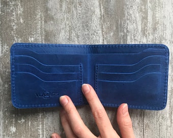 Blue leather wallet | Bifold wallet | Minimalist wallet | Pocket wallet | Slim engraved wallet | Christmas gift | Birthday gift men