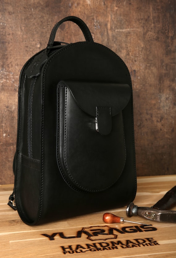 Black Leather Backpack Laptop Backpack Leather Rucksack Adjustable