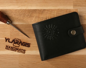 Small bifold leather wallet | Black minimalist wallet | Engraved wallet | Leather snap wallet for men | Christmas gift | Birthday gift men