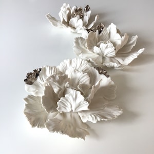 3 White and Silver Porcelain Flowers - hand sculpted Parrot Tulip inspired flower set- wall décor - table decoration