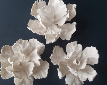 Può includere: Tre sculture da parete a forma di fiore in ceramica bianca con dettagliati disegni di petali. I fiori sono disposti su uno sfondo blu scuro, creando un contrasto sorprendente. Le sculture sono probabilmente per l'arredamento della casa.