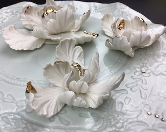 7 White & Gold Porcelain Mini Tulips, Wall Décor, Handmade Flowers