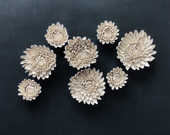 8 Porcelain Chrysanthemum Flowers  - White - Hand Sculpted - Wall Decor - Table Decoration - High Fired Porcelain MADE TO ORDER