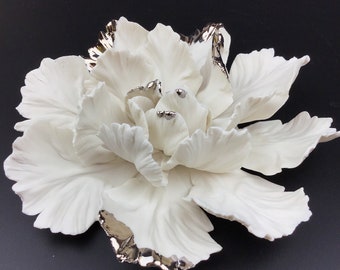 White and Platinum  Porcelain Flower - hand sculpted Parrot Tulip inspired flower -  wall and table decoration.