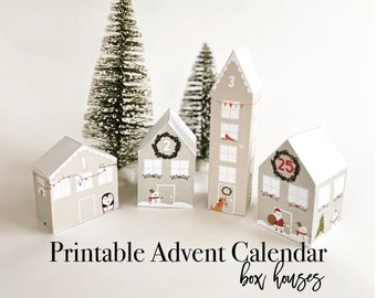 Calendario dell'Avvento stampabile, Conto alla rovescia di Natale, Calendario dell'Avvento, Villaggio di Natale stampabile, villaggio di Natale di carta