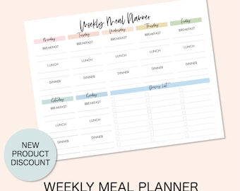 May include: A printable weekly meal planner with sections for breakfast, lunch, and dinner for each day of the week. It also includes a grocery list section. The planner is in a light blue, pink, and green color scheme.