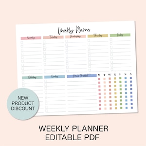 May include: A printable weekly planner with sections for Monday through Sunday, a daily checklist, and a habit tracker. The planner has a pastel color scheme with pink, yellow, green, and blue accents.