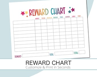 May include: A printable reward chart with a colorful star design. The chart has spaces for each day of the week, points, a total, a goal, and a reward.
