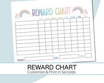 May include: A printable reward chart with a rainbow and stars design. The chart has spaces for each day of the week, a goal section, a reward section, and a total section.