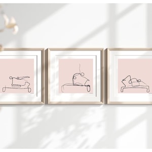 Láminas artísticas de Pilates clásico y Pilates Reformer para pared (juego de 3), decoración de estudio de Pilates para tu hogar, lámina artística de una sola línea.