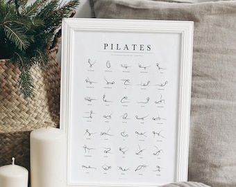 Pilates Exercises Poster, Minimalist Pilates Line Art, Home Studio Decor, Pilates Gift, Wellness Art on Eco Recycled Paper UK