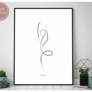 May include: A black and white line drawing of a person in a yoga pose. The drawing is on a white background with the word "Calm." printed below it.