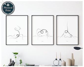 May include: Three black framed prints with white backgrounds and black line drawings of figures in various yoga poses. The prints are titled "Enjoy", "Breathe", and "Move".