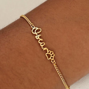 Script Name Curb Chain Bracelet with Paw TSK Silver | Pet Names Jewelry | Christmas Gifts
