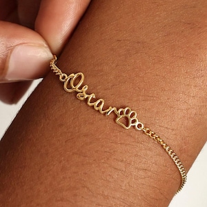Script Name Curb Chain Bracelet with paw | Pet Names Sterling Silver Jewelry | Christmas Gifts