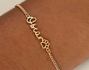 Script Name Curb Chain Bracelet with paw by TSK Silver | Paw Name Bracelet | Minimal Jewelry | Gift For Her | Pet Lover Gift