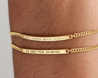 Custom Engraved Bar Bracelet with Curb Chain | Personalized Dainty Name Stackable Bracelet | Gift For Friend | Gift For Her