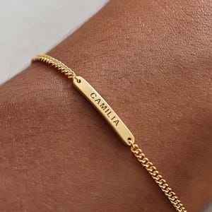 Custom Engraved Mini Bar Bracelet with Curb Chain | Dainty Name Stackable Jewelry | Christmas Gifts