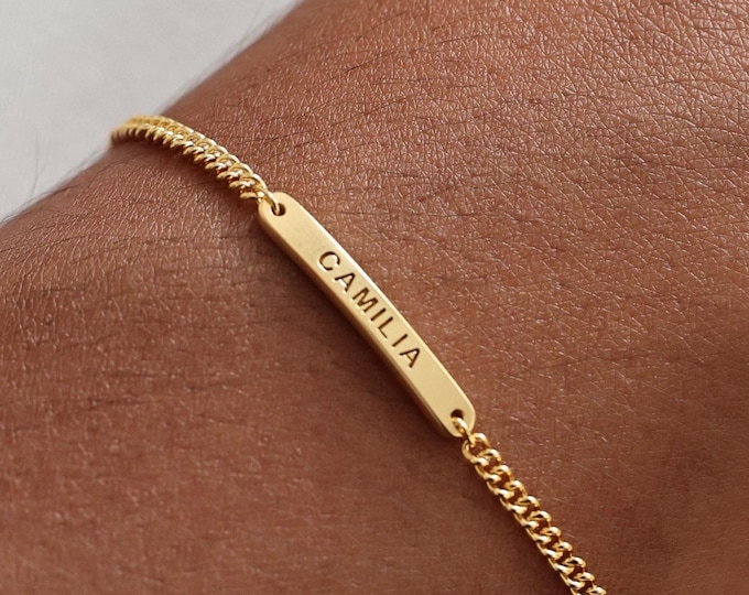 Custom Engraved Mini Bar Bracelet with Curb Chain | Dainty Name Stackable Jewelry | Christmas Gifts