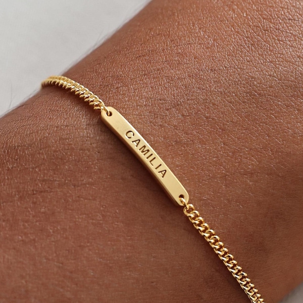 Custom Engraved Mini Bar Bracelet with Curb Chain | Dainty Name Stackable Jewelry | Christmas Gifts