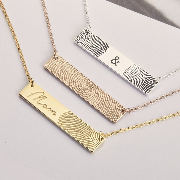 Horizontal Bar Fingerprint Necklace | Thumbprint necklace | Handwriting Necklace | Memorial Necklace | Valentine Gifts
