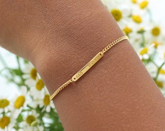 Custom Engraved Mini Bar Bracelet with Curb Chain | Personalized Name | Wedding Jewelry | Christmas Gifts