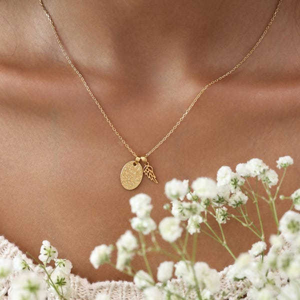 Detailed Nose Print Necklace with Angel Wing Charm | Pet Memorial Jewelry by TSK Silver