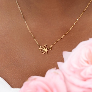 Puede incluir: Un delicado collar dorado con las letras entrelazadas "AN" en escritura cursiva. El colgante cuelga de una fina cadena. Se ven rosas rosas suaves en el fondo, añadiendo un toque de elegancia.