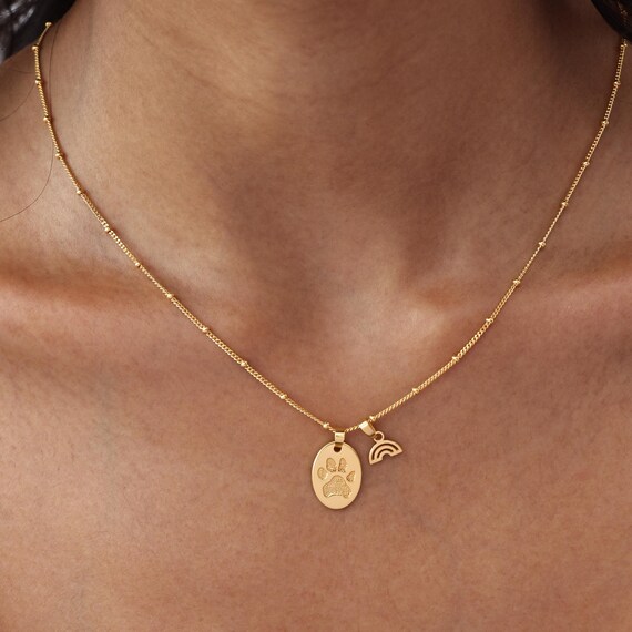 Dog Paw Print Oval Necklace with Rainbow Bridge Charm | Oval Pendant Pet Memorial Jewelry | Gift for Pet Lovers | Mother’s Day