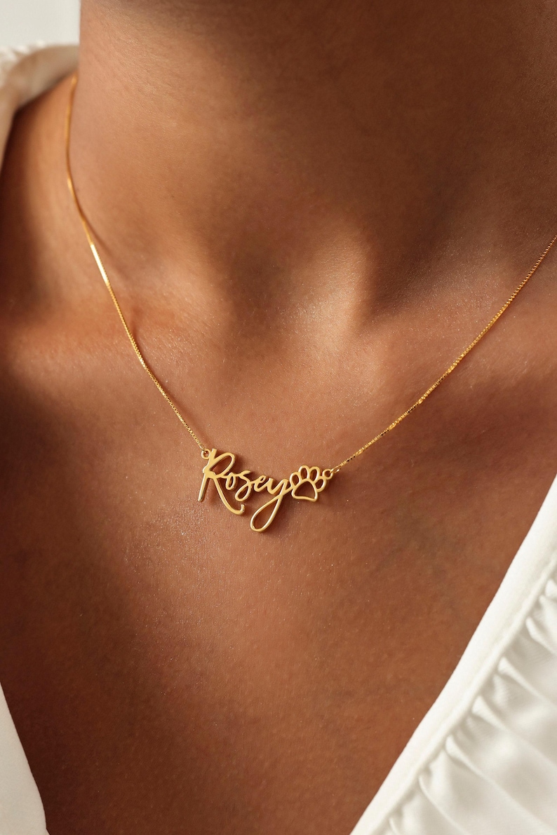 Collar personalizado con nombre de mascota y huella de pata / Joyería con nombre de perro/gato / Regalos para amantes de las mascotas imagen 2