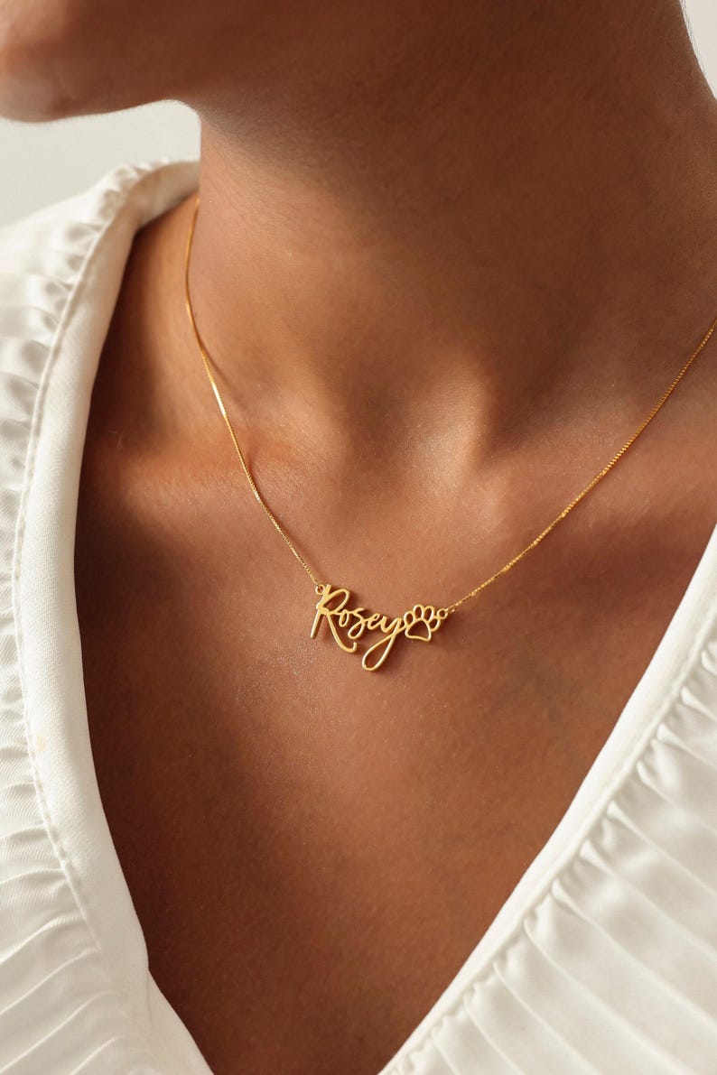 Collar personalizado con nombre de mascota y huella de pata / Joyería con nombre de perro/gato / Regalos para amantes de las mascotas imagen 1