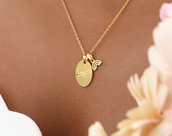 Custom Fingerprint Oval Necklace with Rainbow Bridge Charm – Memorial Jewelry by TSK Silver