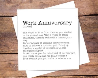 Personalised Work Anniversary Definition Card from Employer/Boss to Employee - Work colleague, Length of service, Staff card. Blank Inside