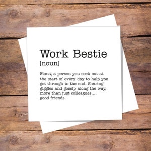 Personalised Work Bestie Definition Card, Work Colleague Card,  6" x 6" - Birthday, Thank You, Leaving. Blank Inside