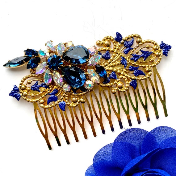 1950s Vintage Blue Bridal Hair Comb – Blue Antique Hair Comb  display picture 3