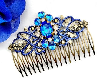 Vintage blauwe bruidskam uit de jaren 40 – antieke kam, iets blauws voor bruid, vintage kam, handgemaakt van vintage sieraden