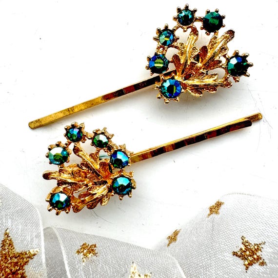 1950s Vintage Teal Hair Accessories, Vintage Rhinestone Hair  display picture 1