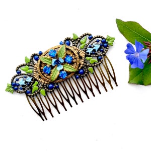 1930s Vintage Blue Flower Hair Comb For Bride, Blue Antique Hair Comb For Wedding, Hair Accessories Wedding Guest, Handmade Gift For Women