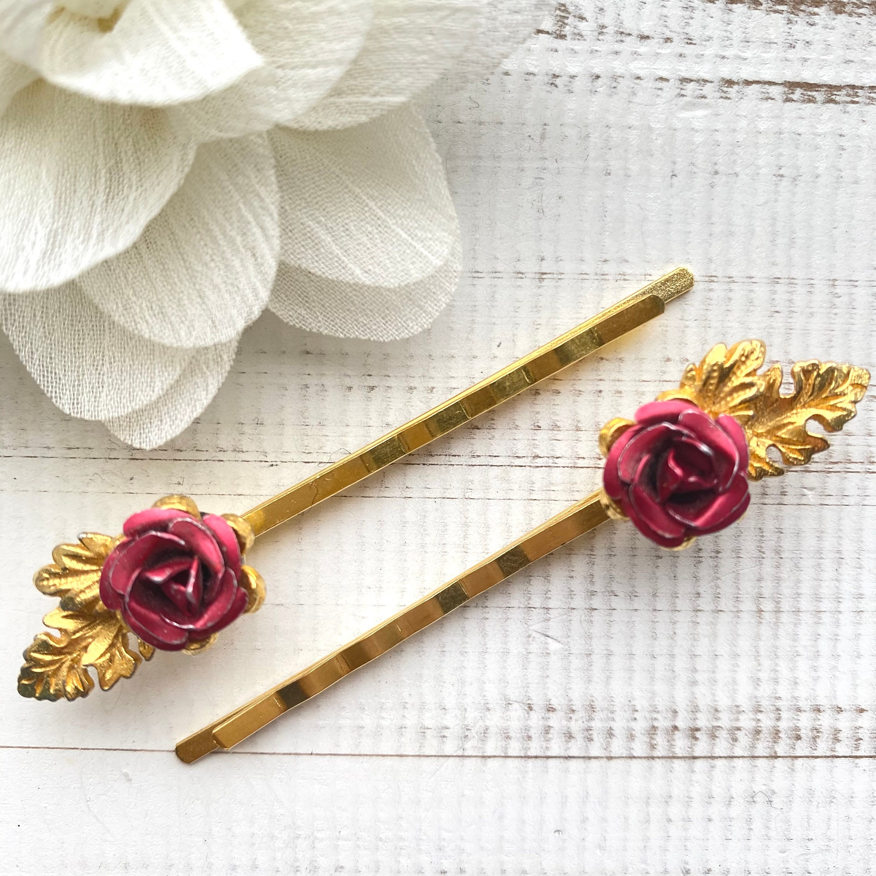 Vintage Red Hair Pins Vintage Rose Hair Clips Red Rose Hair Etsy