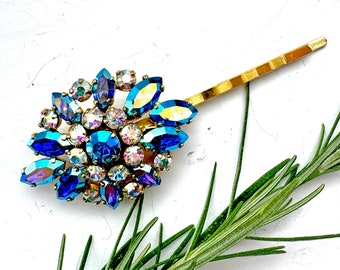 1940s Vintage Hair Pin, Blue Vintage Hair Clip, Blue Hair Slide: Something Blue Hair Accessory For Bride Handmade From Vintage Jewellery