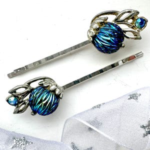 1950s Antique Hair Slides For Women, Blue Vintage Hair Pins For Wedding, Unique Hair Clips for Bride, Vintage Peacock Blue Hair Accessories